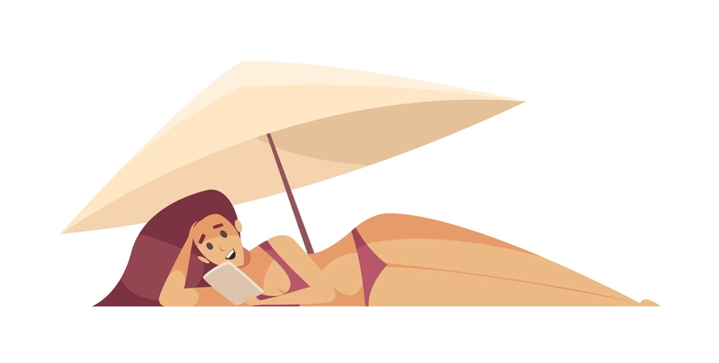 Happy woman in swimsuit relaxing on beach with ebook or tablet flat vector illustration