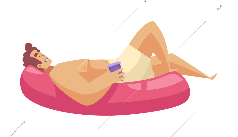 Beach holiday flat icon with man relaxing with drink on inflatable ring vector illustration