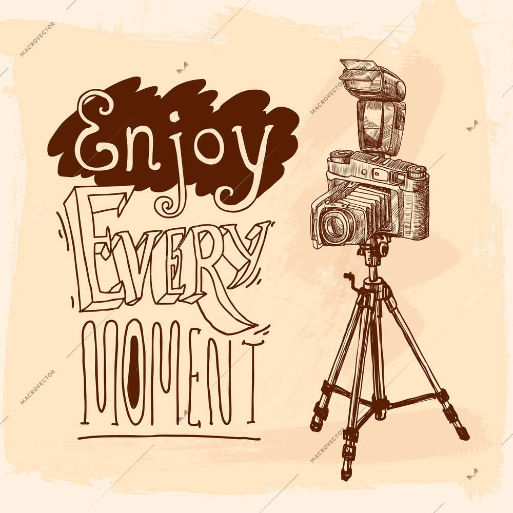 Camera on tripod photo equipment poster with enjoy moment lettering vector illustration.