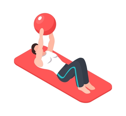 Isometric rehabilitation physiotherapy icon with patient exercising with fitball on mat 3d vector illustration