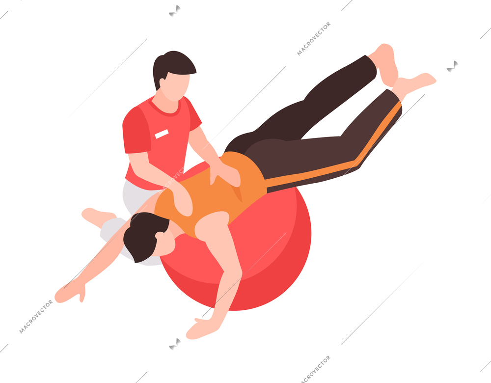 Isometric rehabilitation icon with physiotherapist assisting patient on fitball 3d vector illustration