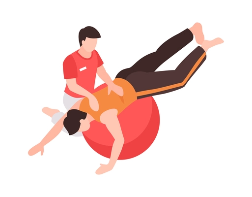 Isometric rehabilitation icon with physiotherapist assisting patient on fitball 3d vector illustration