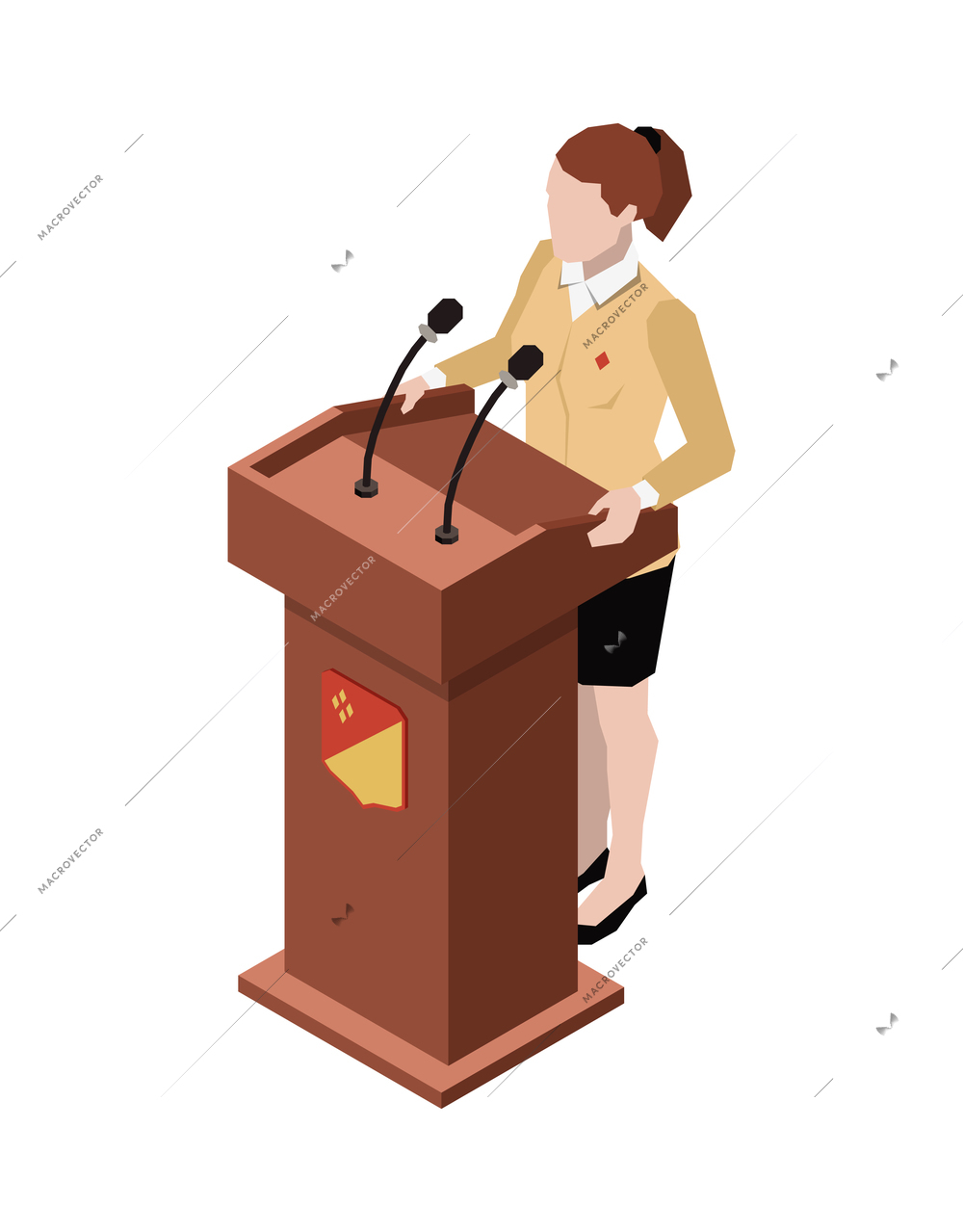 Election isometric icon with female candidate speaking at podium 3d vector illustration