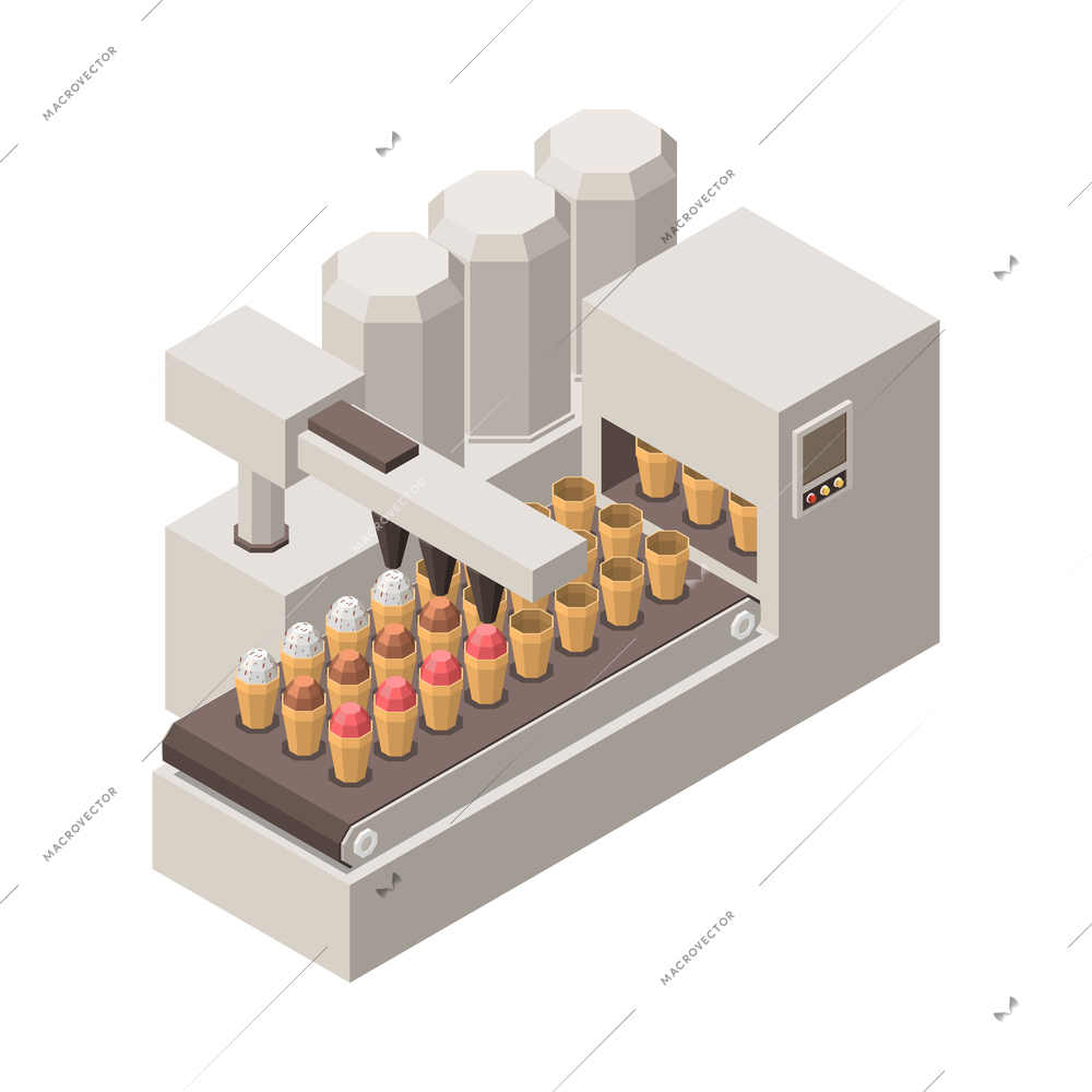 Isometric icon with conveyor automatic line for production of ice cream filling waffle cups 3d vector illustration