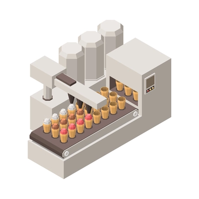 Isometric icon with conveyor automatic line for production of ice cream filling waffle cups 3d vector illustration