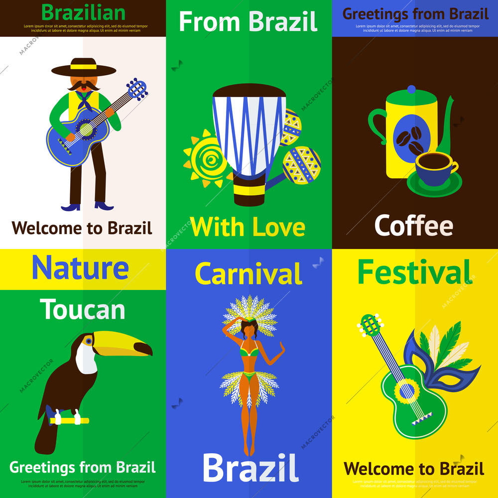 Brazil mini poster set with tourism nature music carnival symbols isolated vector illustration