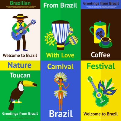 Brazil mini poster set with tourism nature music carnival symbols isolated vector illustration