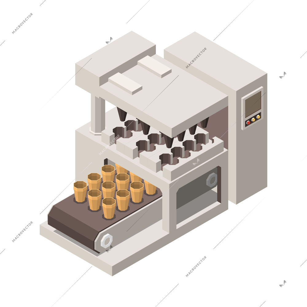 Automatic factory equipment for ice cream production 3d isometric vector illustration
