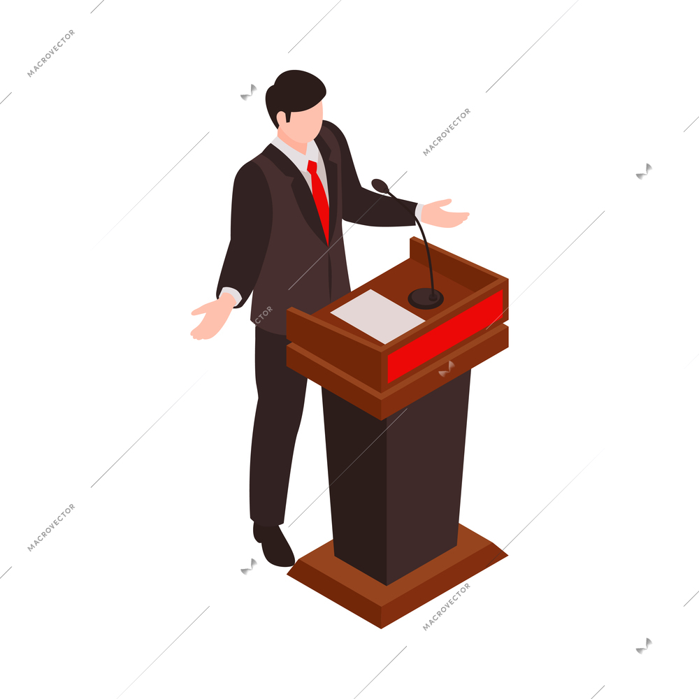 Isometric election icon with politician speaking at podium 3d vector illustration