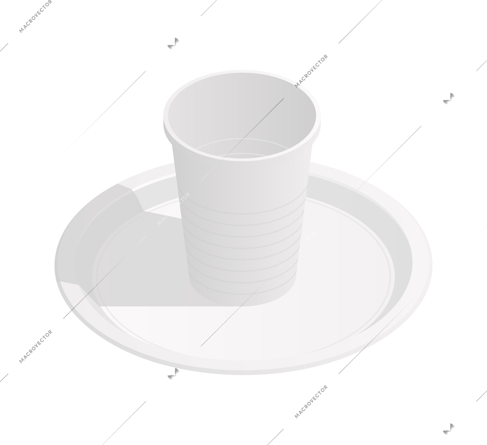 Disposable white plastic cup and plate isometric icon 3d vector illustration