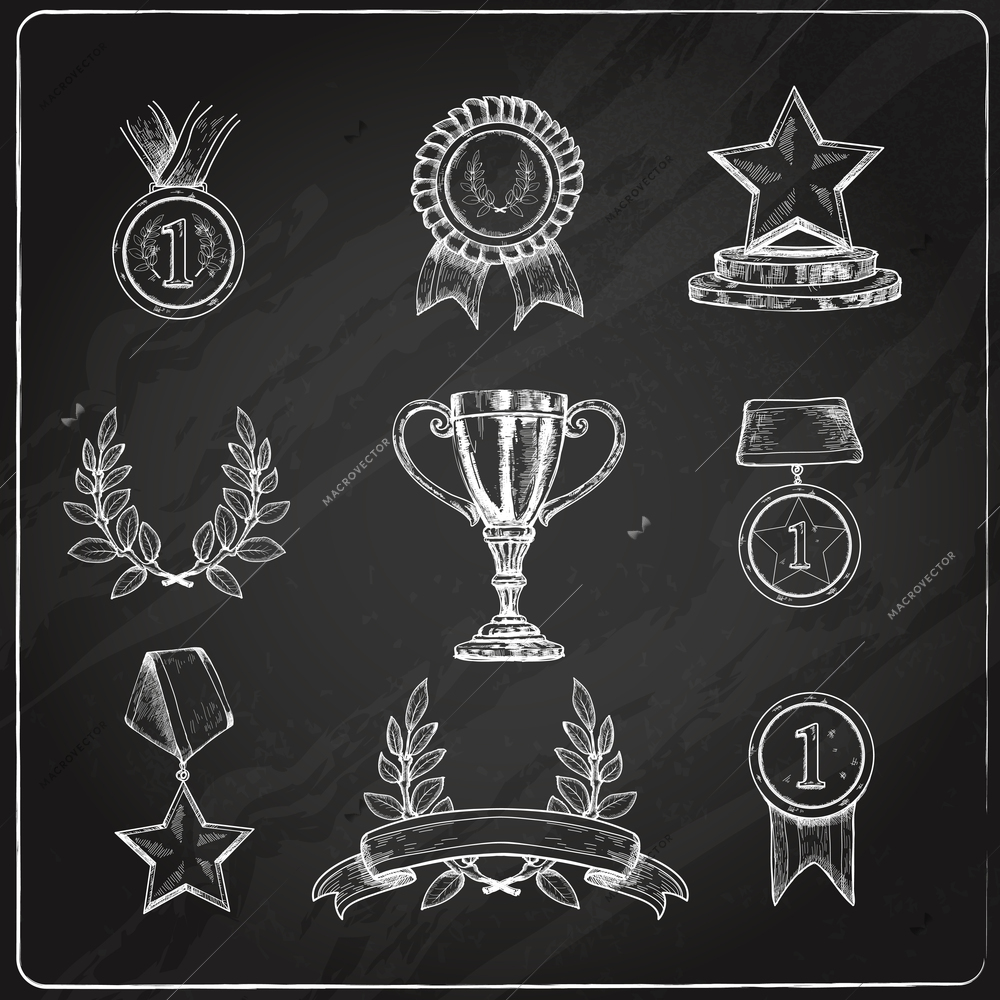 Award trophy winner prizes decorative sketch chalkboard icons set isolated vector illustration