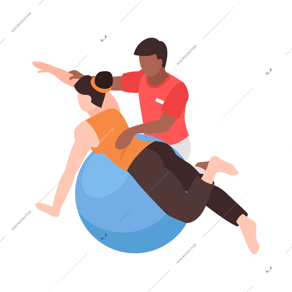 Isometric rehabilitation icon with female patient doing physical exercises on fitball with therapist 3d vector illustration