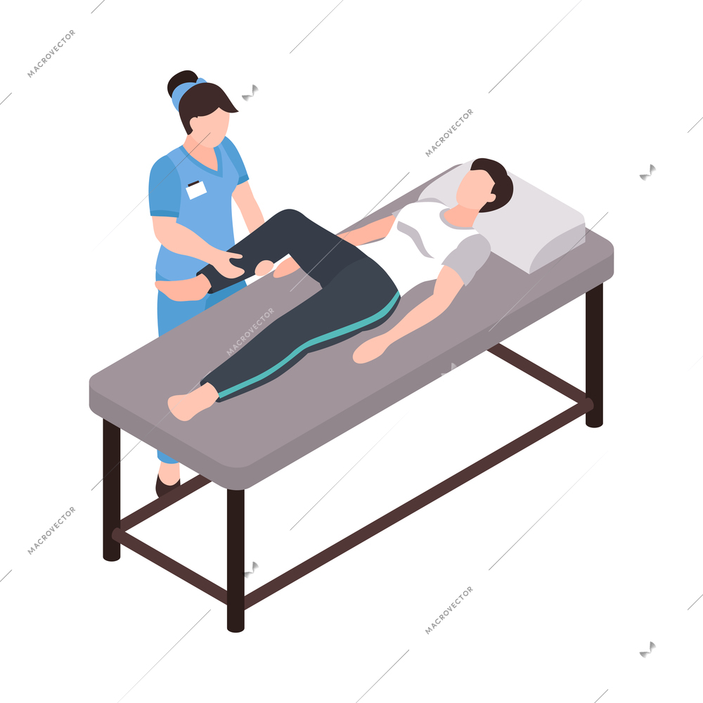 Isometric rehabilitation icon with patient and physiotherapist massaging injured leg 3d vector illustration