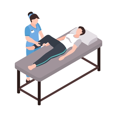 Isometric rehabilitation icon with patient and physiotherapist massaging injured leg 3d vector illustration