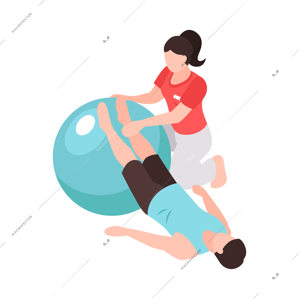 Isometric rehabilitation physiotherapy exercises on fitball icon with therapist and male patient 3d vector illustration