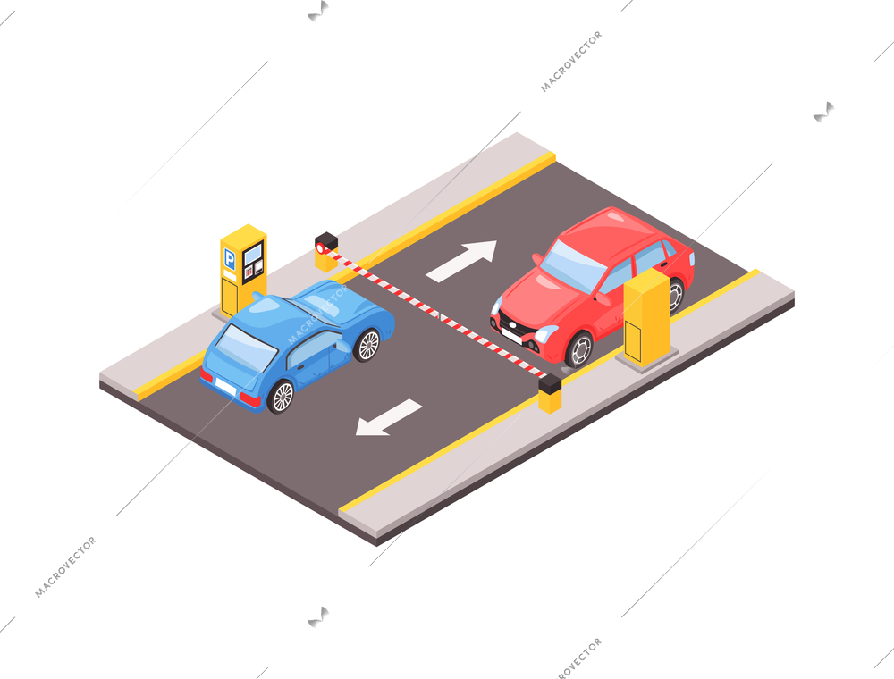 Car park with barrier and parking meters 3d isometric vector illustration