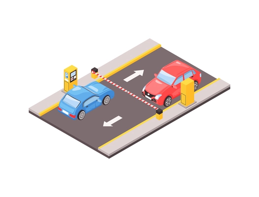 Car park with barrier and parking meters 3d isometric vector illustration