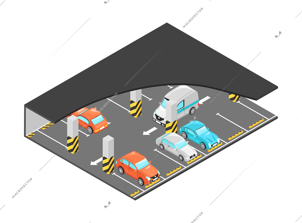 Isometric car parking lot with parked automobiles 3d vector illustration