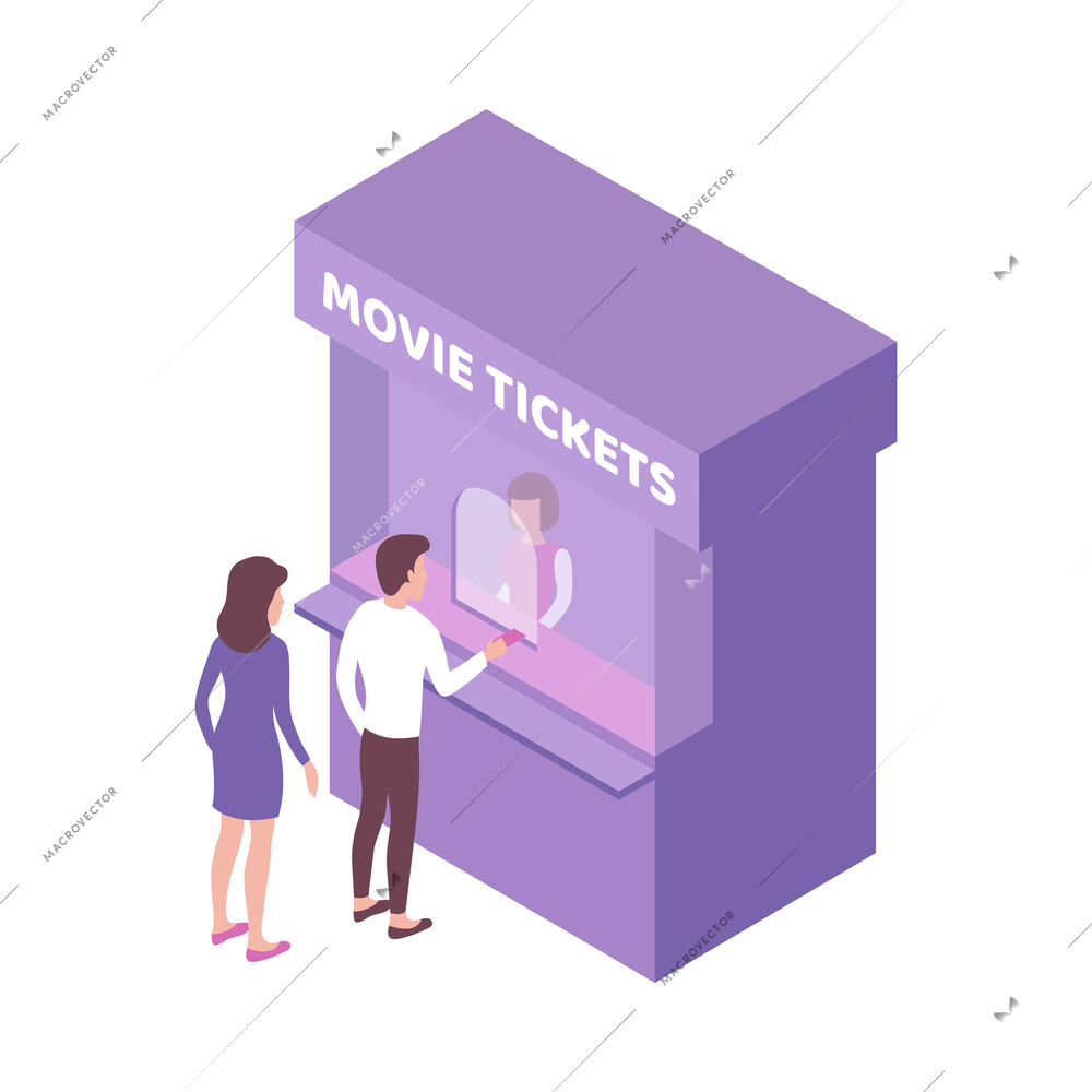 Two people buying tickets at cinema box office isometric 3d vector illustration