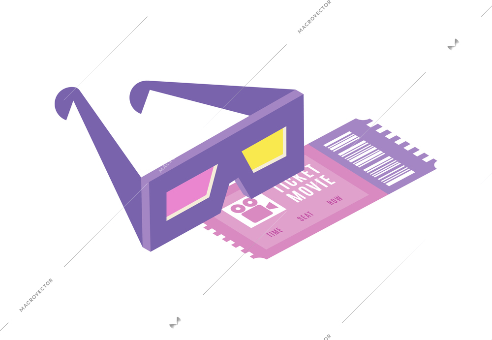 Isometric icon with 3d glasses and cinema ticket vector illustration