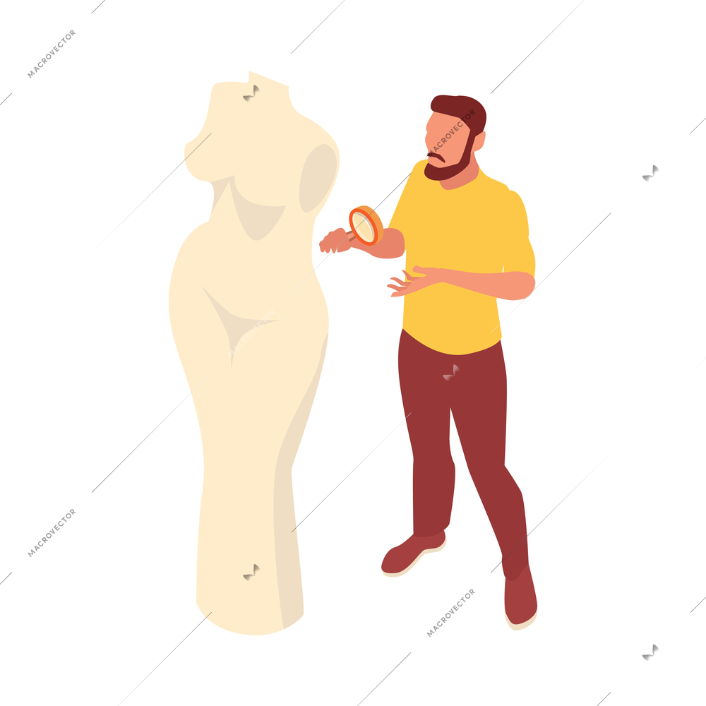 Scientist or archeologist looking at antique sculpture through magnifier isometric icon vector illustration