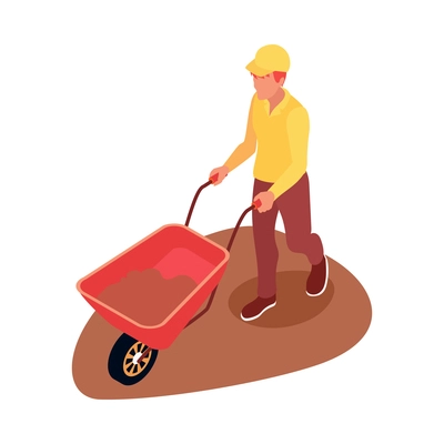 Archeology isometric icon with male archeologist carrying wheelbarrow 3d vector illustration