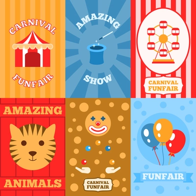 Amusement park mini poster set with carnival funfair amazing show animals isolated vector illustration