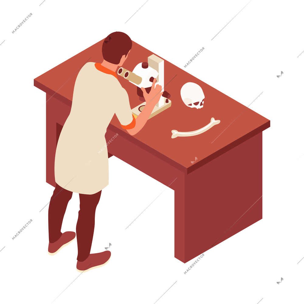 Archeology isometric icon with scientist using microscope 3d vector illustration