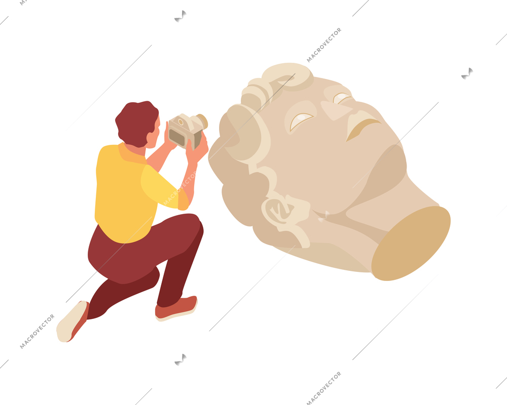 Archeology isometric icon with scientist taking photo of stone sculpture head 3d vector illustration