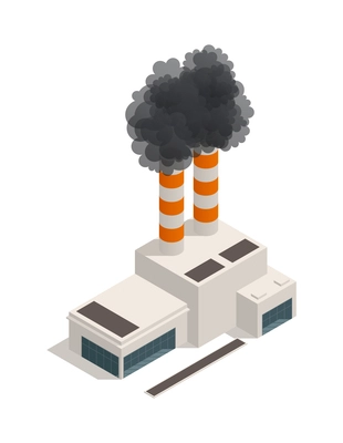 Isometric icon of factory industrial building polluting air 3d vector illustration