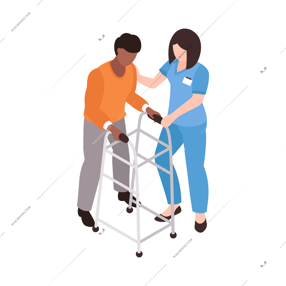 Isometric rehabilitation clinic icon with nurse helping patient with walkers 3d vector illustration
