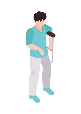 Isometric rehabilitation process icon with man using crutch 3d vector illustration