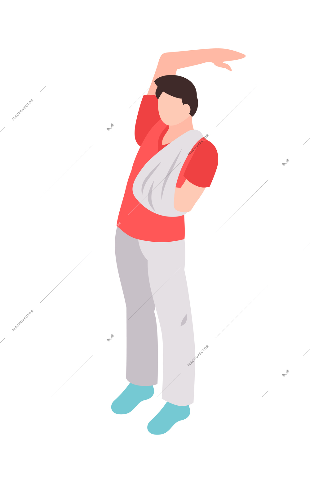 Isometric rehabilitation process icon with patient doing exercises with broken arm in sling 3d vector illustration