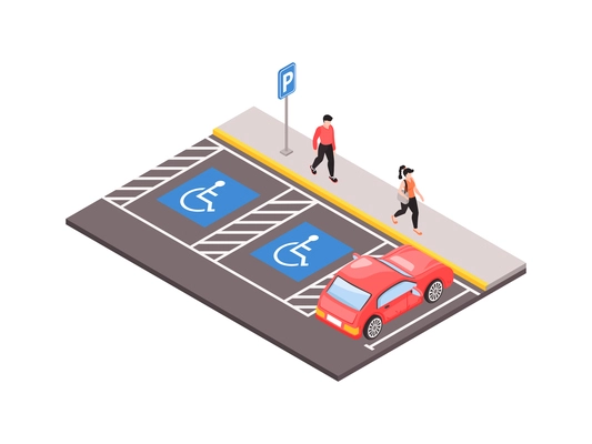 People walking past car park with vacant area for disabled 3d isometric vector illustration