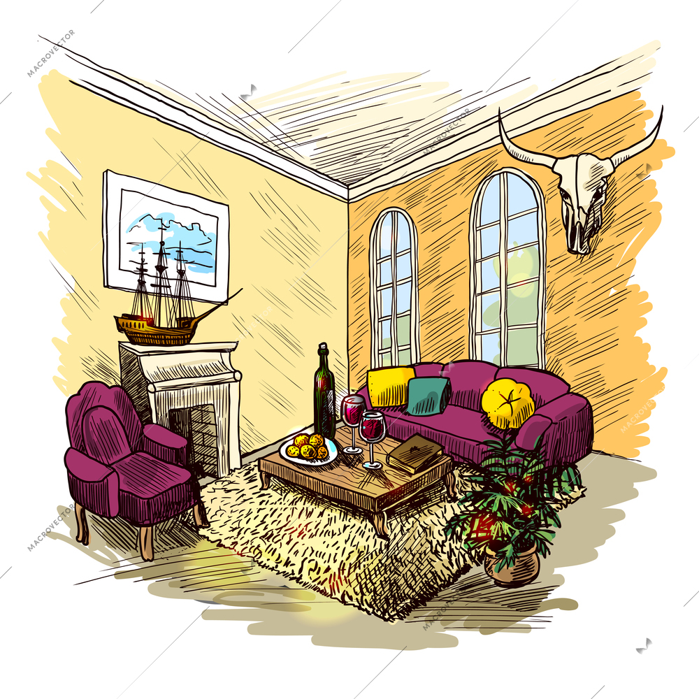 Living room interior sketch colored background with fireplace couch table picture vector illustration