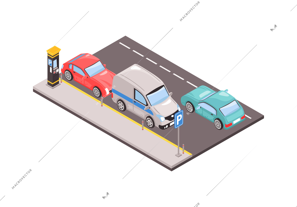 Isometric city car park with parking meter and three passenger automobiles 3d vector illustration