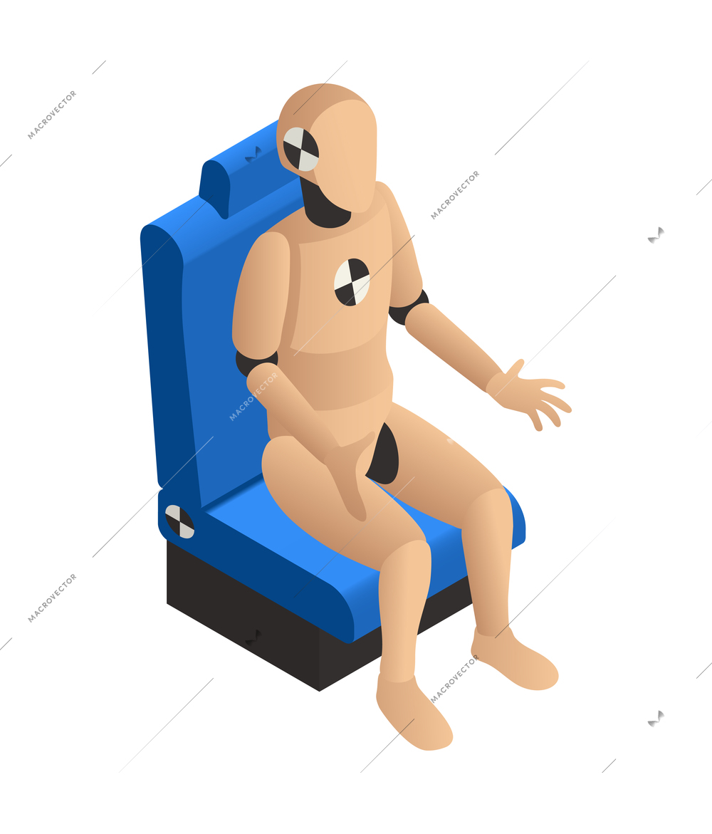 Crash test dummy on blue seat isometric icon 3d vector illustration