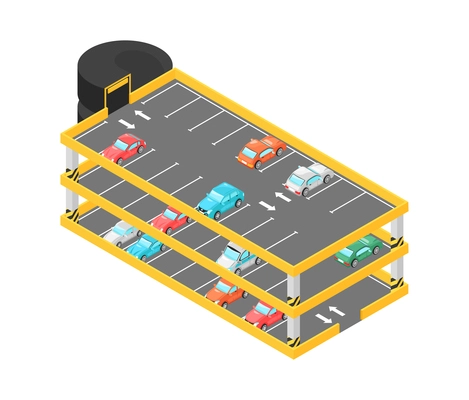 Isometric multistorey car park with parked vehicles and vacant lots 3d vector illustration