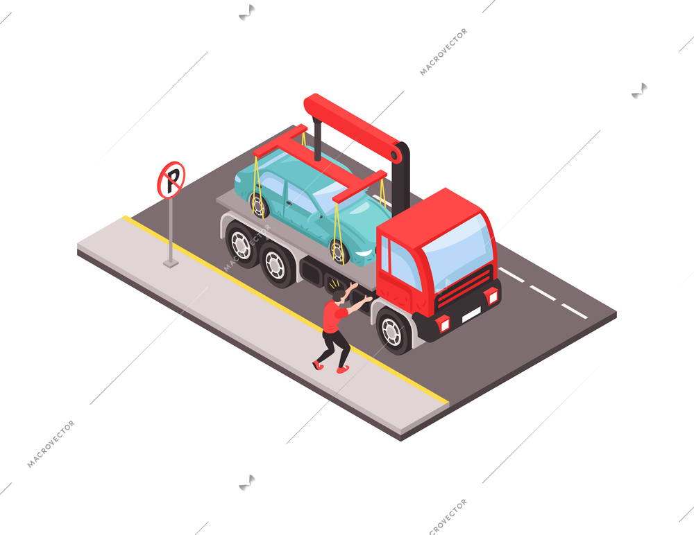 Evacuation of car for wrong parking by tow truck isometric 3d vector illustration