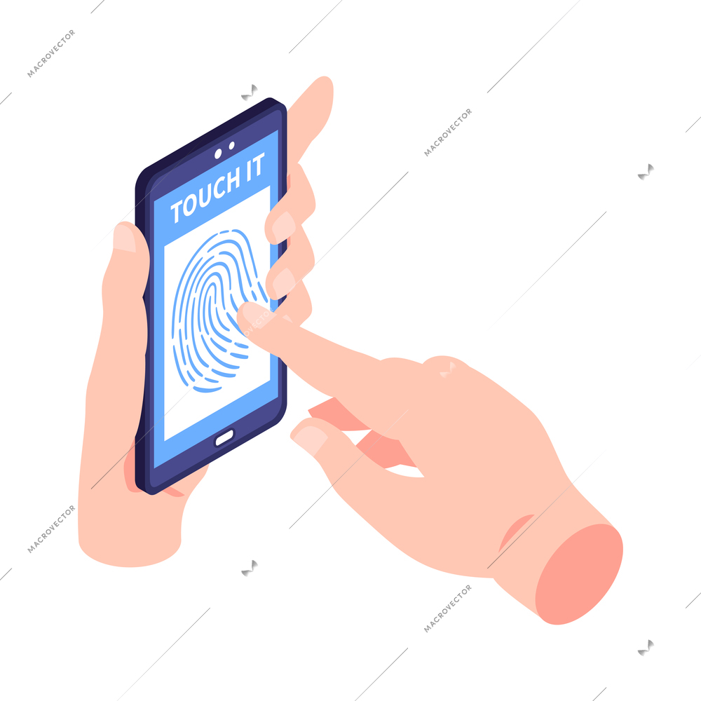 Isometric biometric identification icon with human hands using fingerprint recognition on smartphone 3d vector illustration