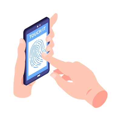 Isometric biometric identification icon with human hands using fingerprint recognition on smartphone 3d vector illustration