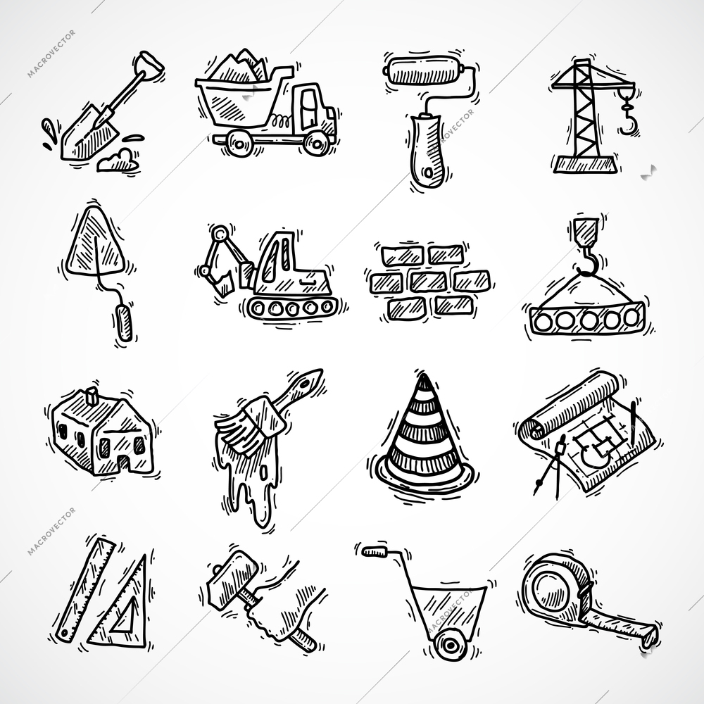 Construction sketch decorative icons set with crane truck hammer isolated vector illustration