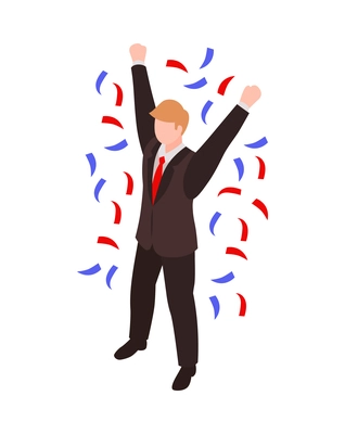 Happy male election winner with confetti isometric icon 3d vector illustration