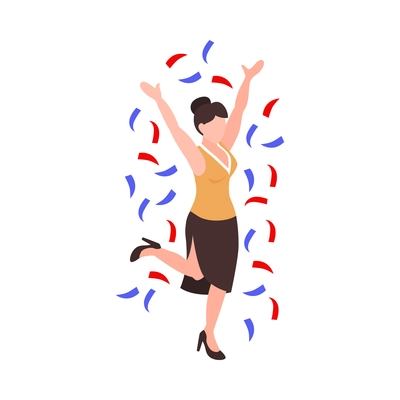 Isometric election winner icon with happy female character and confetti 3d vector illustration