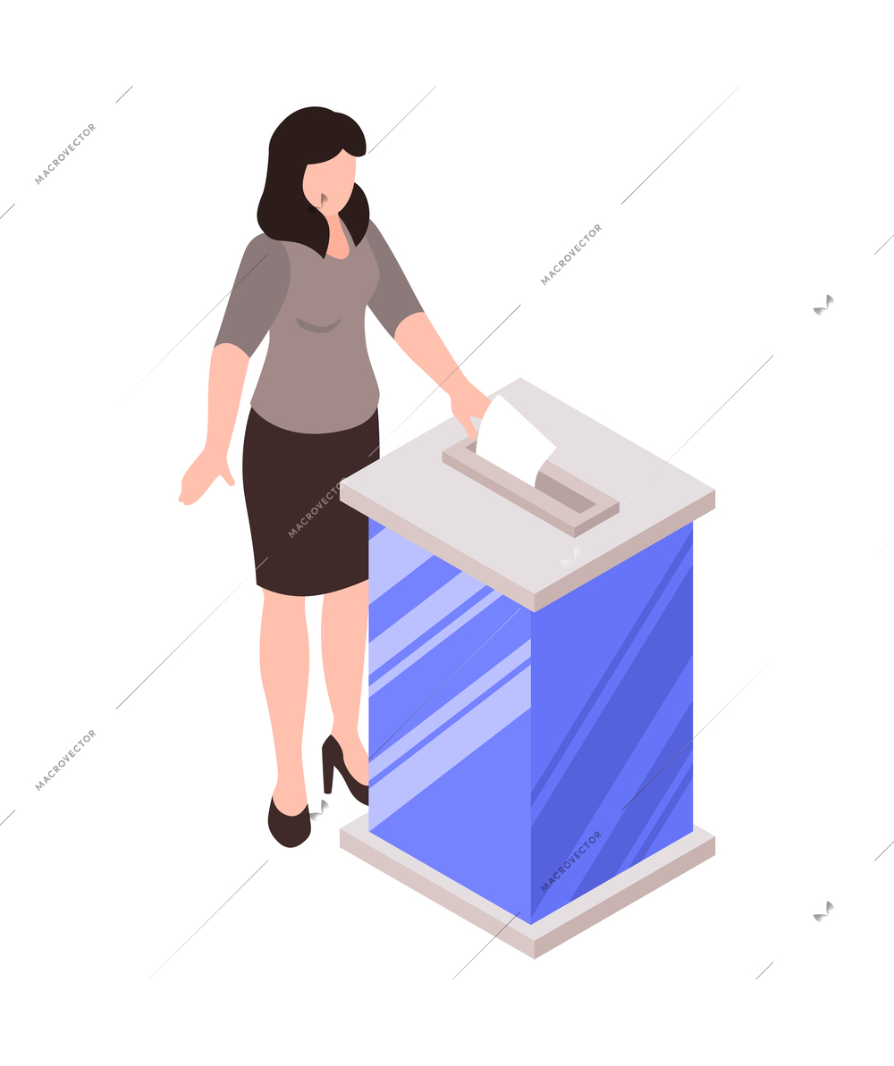 Woman casting her vote in elections putting ballot into box 3d isometric icon vector illustration