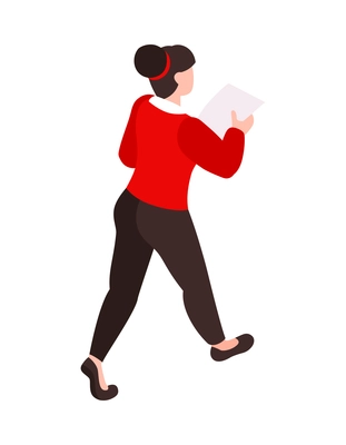 Isometric icon with female character of voter walking with ballot 3d vector illustration