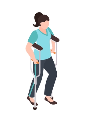 Isometric rehabilitation icon with disabled woman walking with crutches 3d vector illustration
