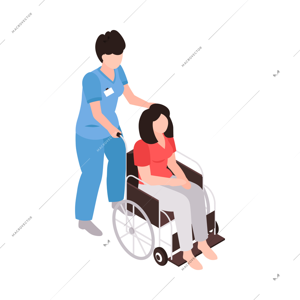 Isometric rehabilitation icon with nurse assisting disabled woman in wheelchair 3d vector illustration