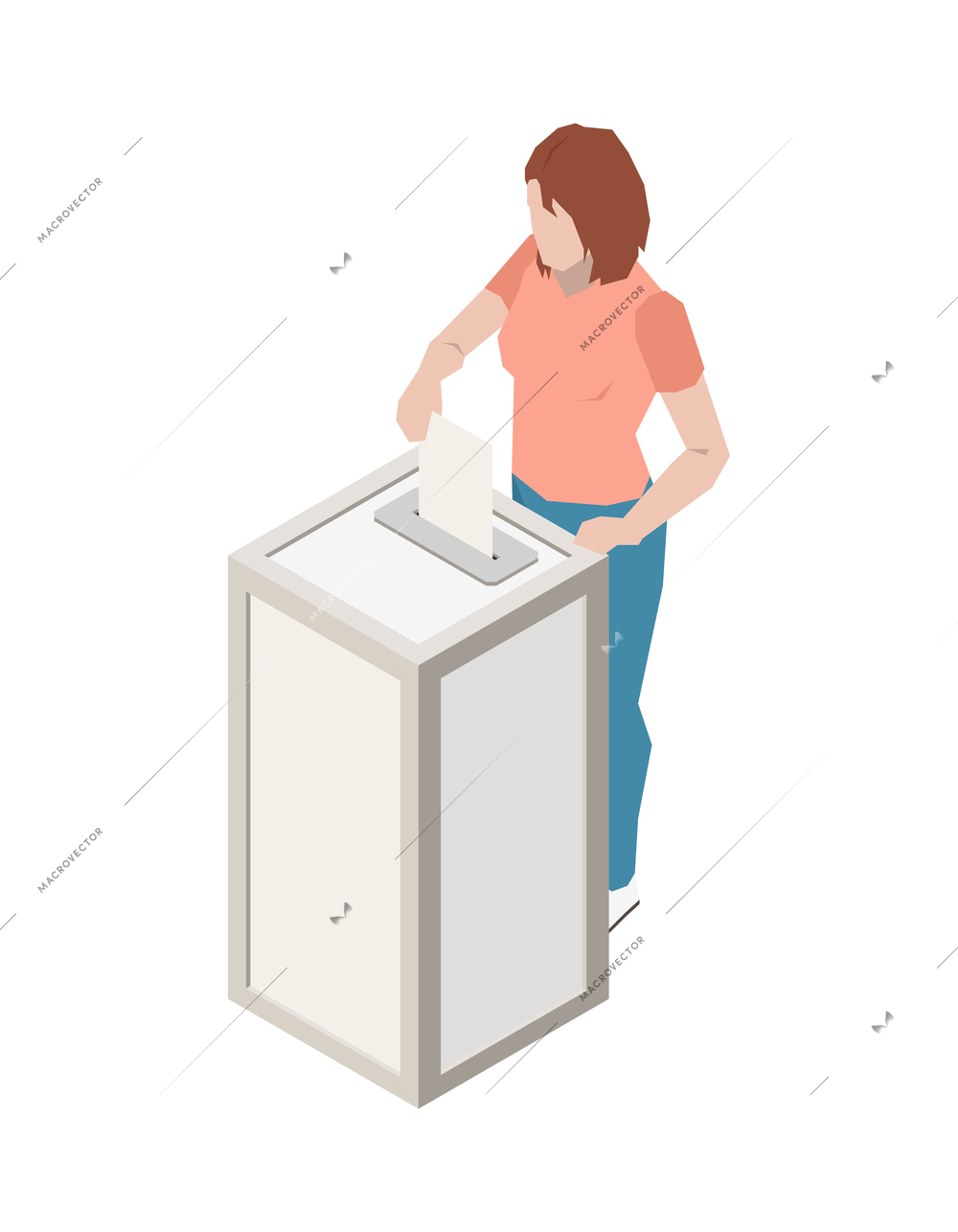 Isometric voting icon with faceless female character putting ballot into election box 3d vector illustration