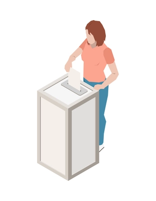 Isometric voting icon with faceless female character putting ballot into election box 3d vector illustration